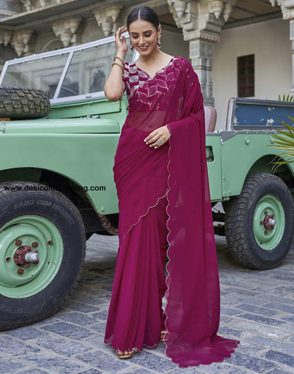 Pink Plain Georgette Saree