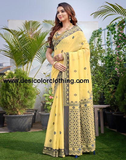 Yellow Silk Plain Sarees