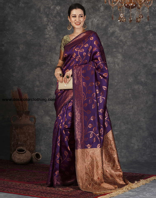 Purple Banarasi Silk Woven Saree With Tassels