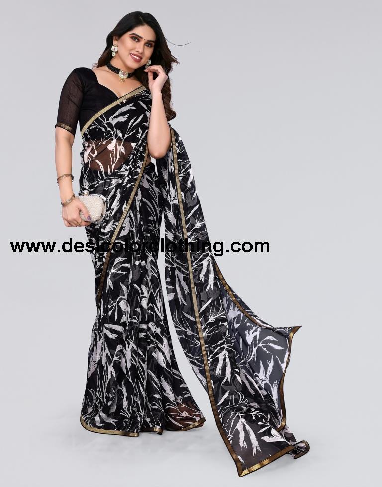 Black Printed Chiffon Saree