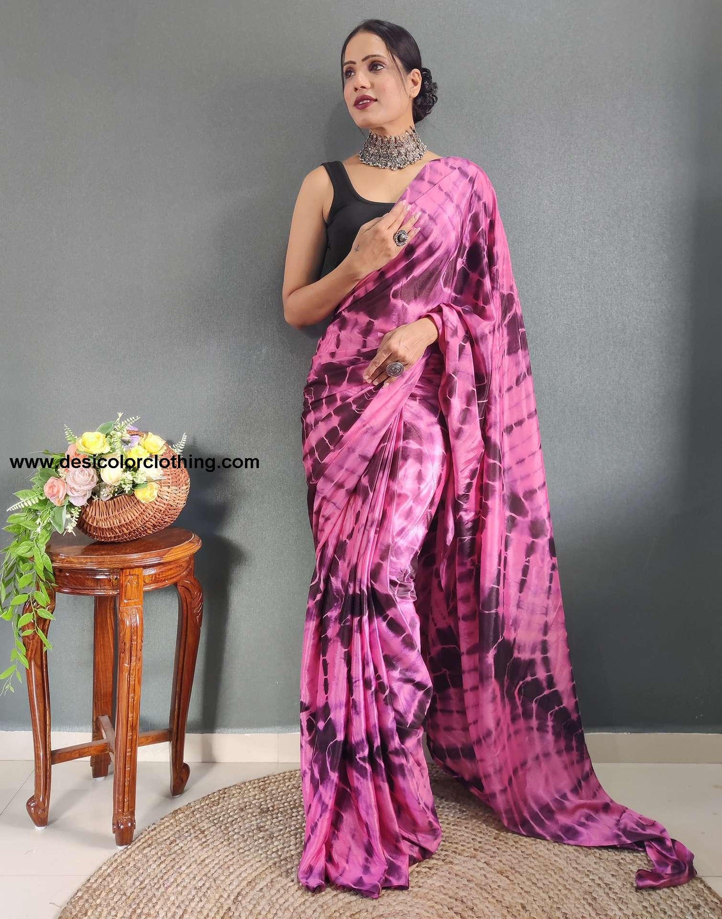 Pink Printed Silk Pre-draped Saree