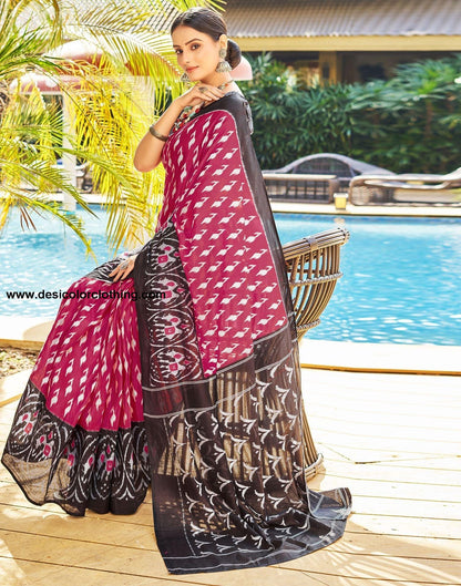 Pink Printed Cotton Pre-Draped Saree