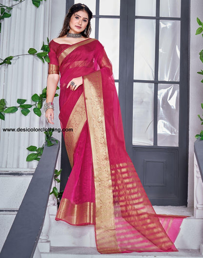 Rani Pink Plain Organza Saree