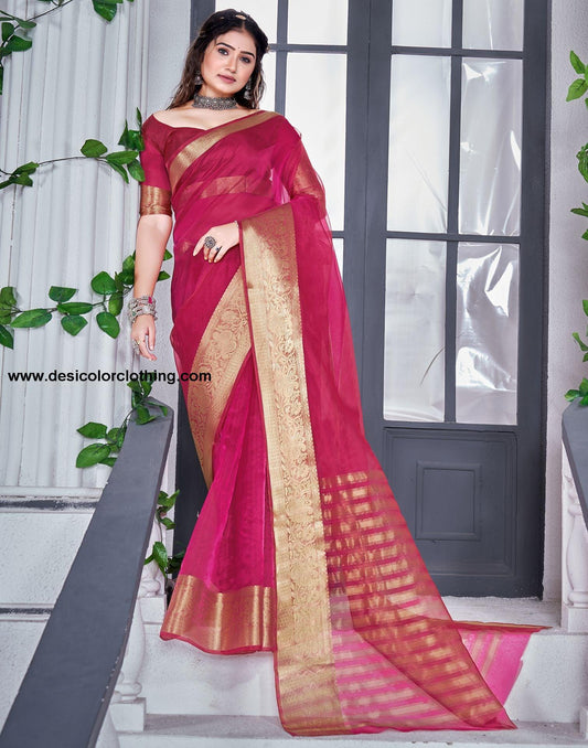 Rani Pink Plain Organza Saree