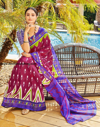 Pink Printed Cotton Pre-Draped Saree