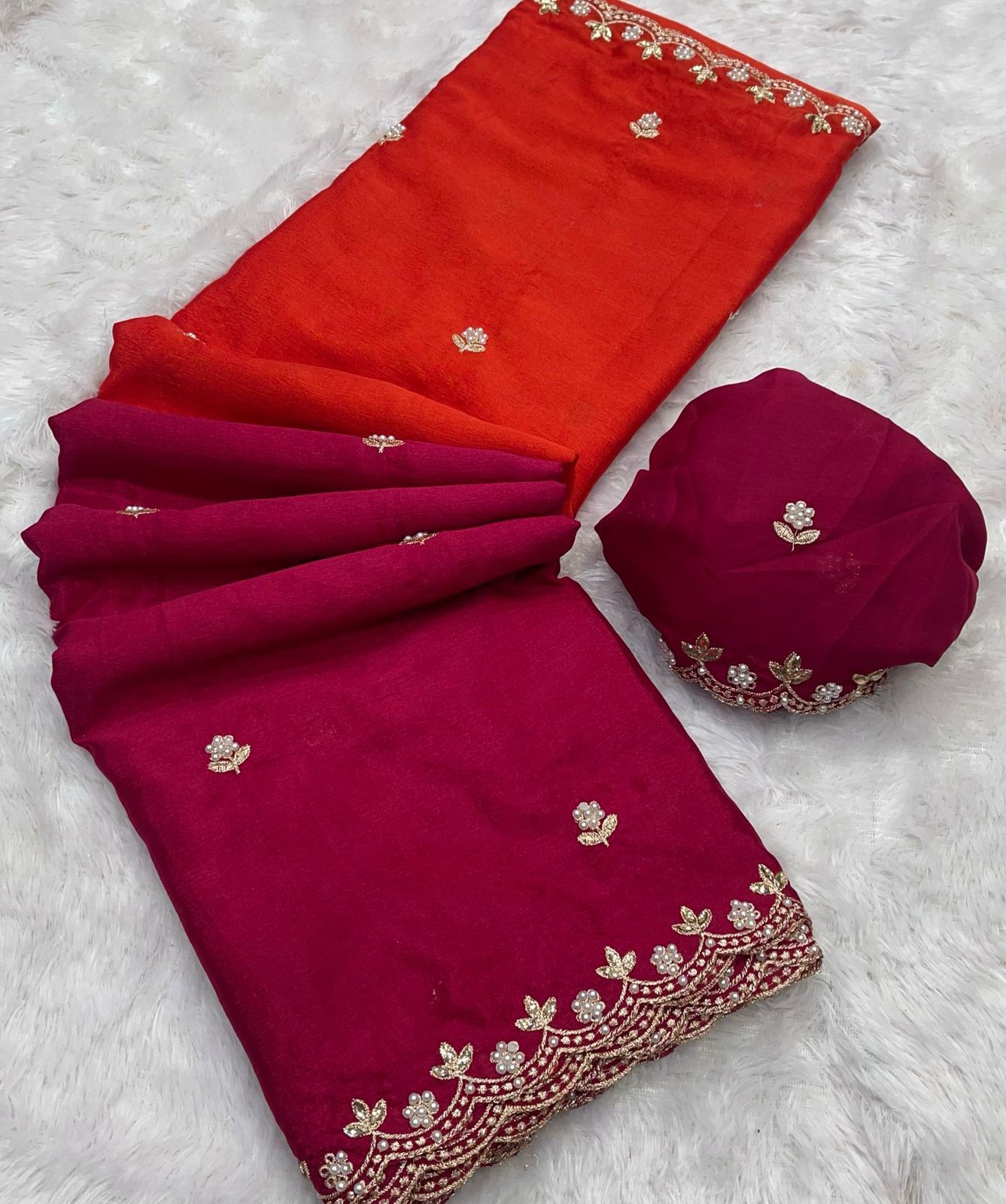 Product Image - Designer Chinnon Saree with Embroidery and Moti Work
