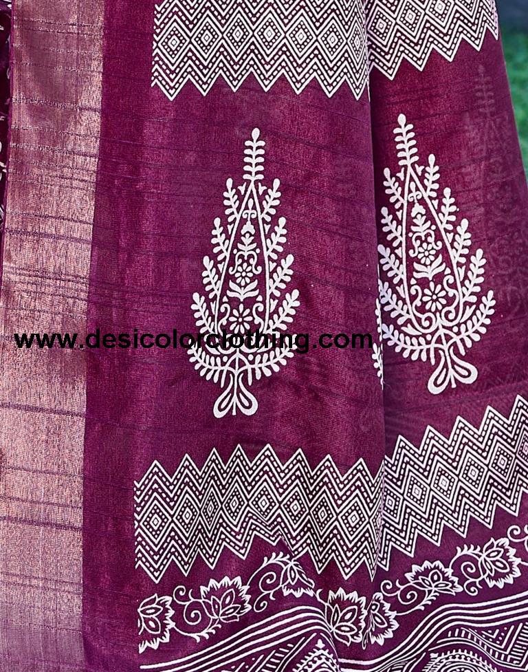 Wine Silk Printed Saree