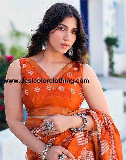 Rust Printed Cotton Saree