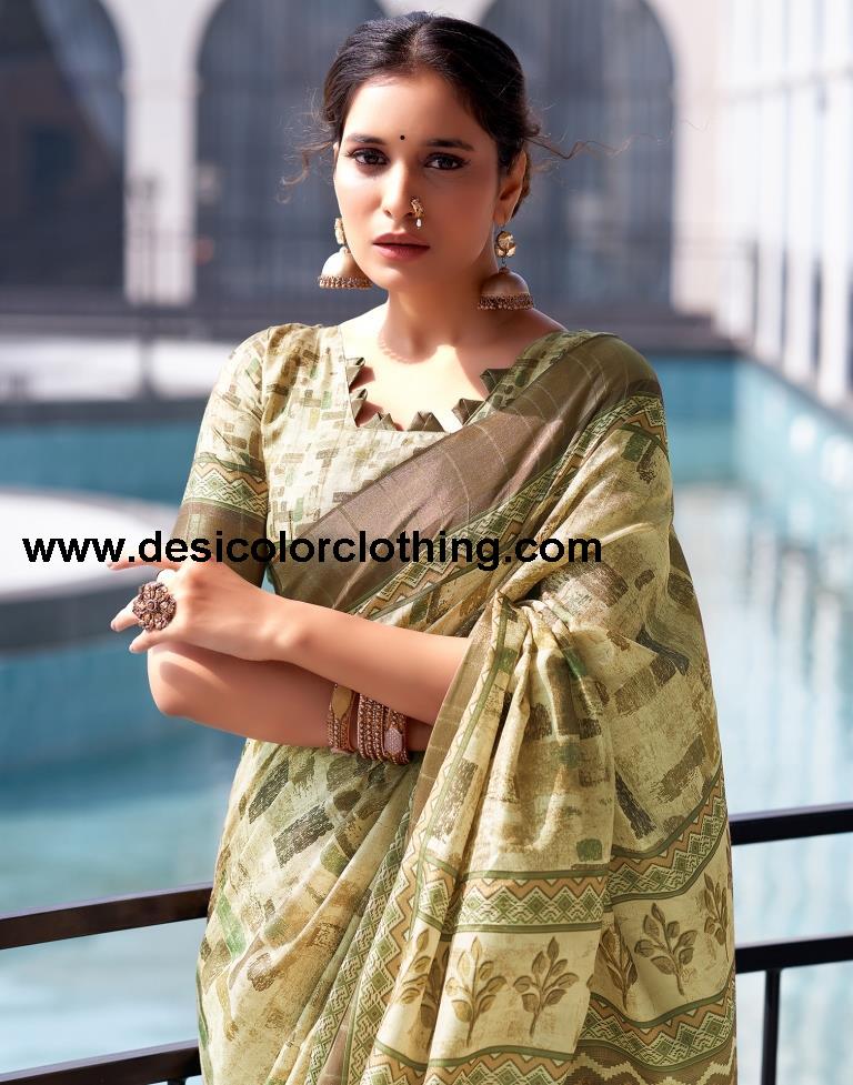 Dull Yellow Silk Printed Saree