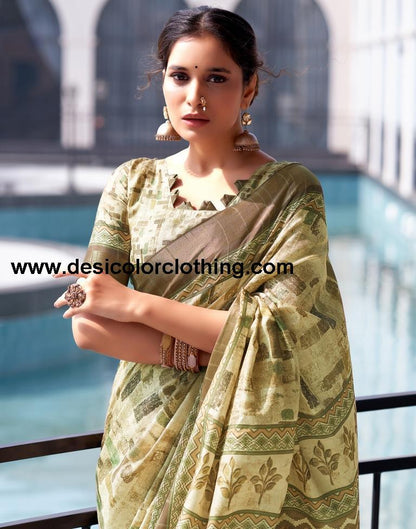 Dull Yellow Silk Printed Saree