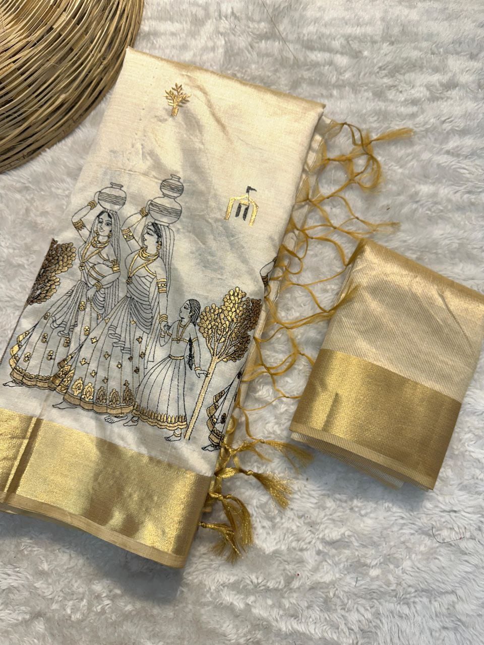 Product Image - Soft Tussar Silk Designer Saree with Kalamkari Embroidery - Festive & Wedding Wear