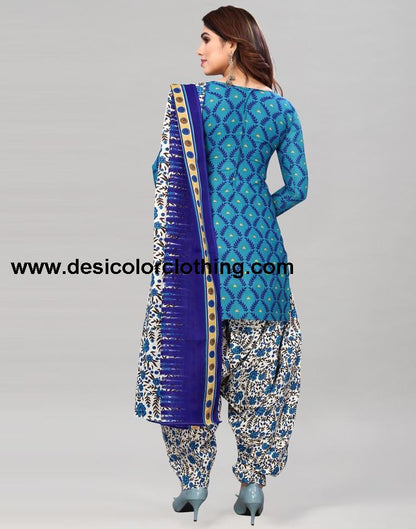 Blue Printed Cotton Unstitched Salwar Suit Material