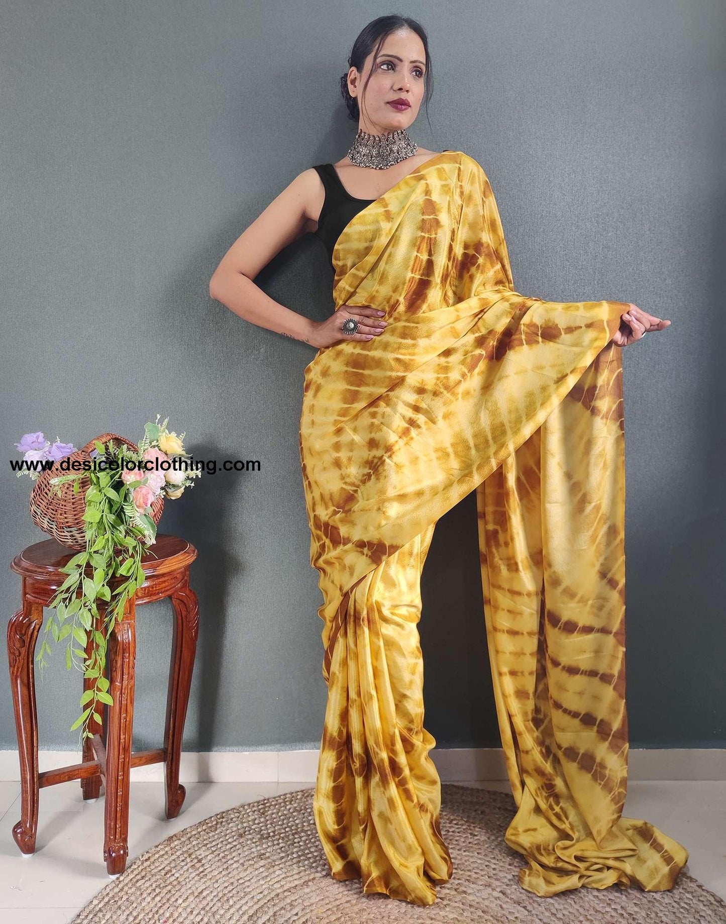 Yellow Printed Silk Pre-draped Saree