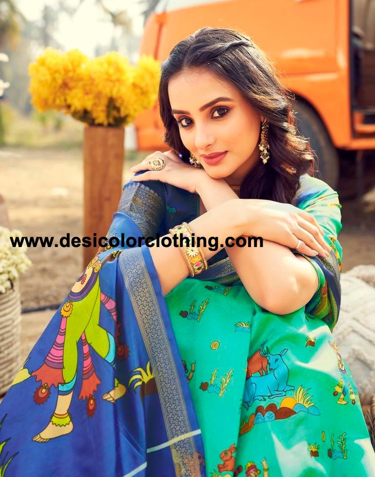 Turquoise Silk Printed Ready To Wear