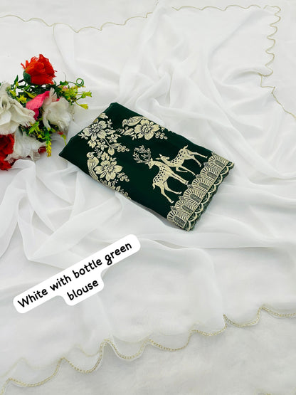 Product Image - White Georgette Designer Saree with Golden Work & Embroidered Blouse
