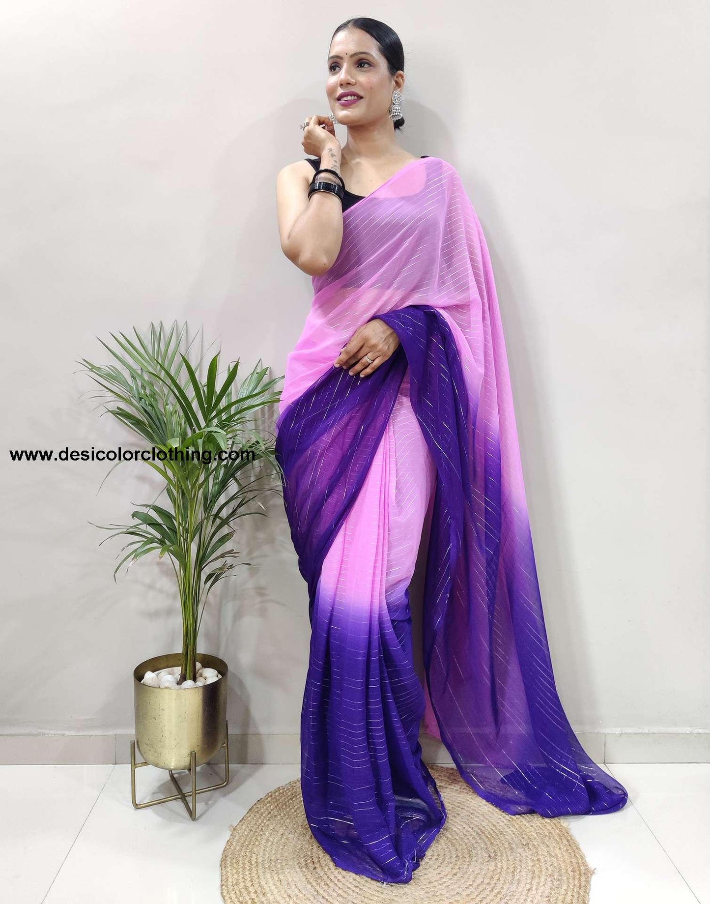 Pink Plain Georgette Pre-draped Saree