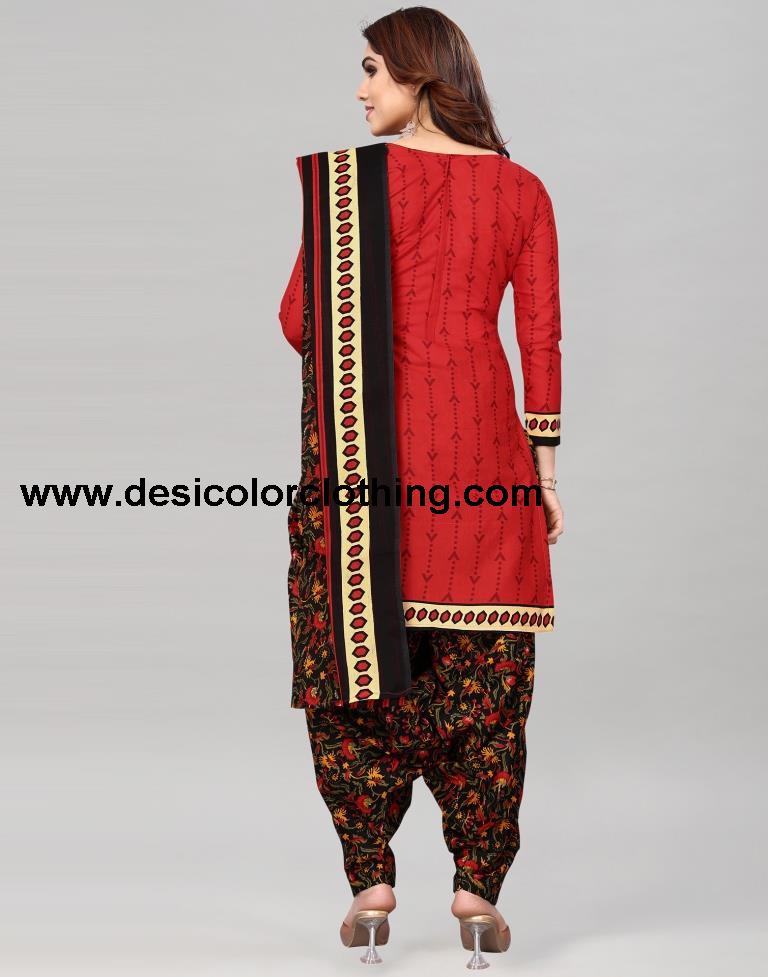 Red Printed Cotton Unstitched Salwar Suit Material