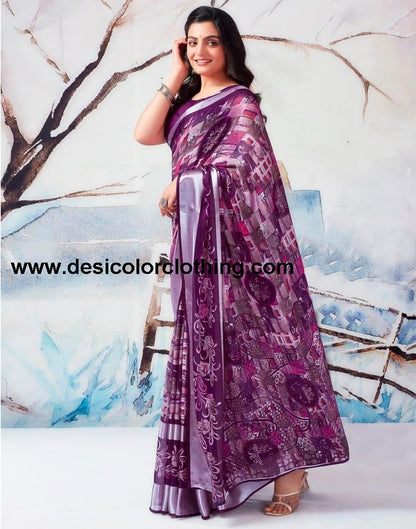 Dark Purple Chiffon Printed  Saree