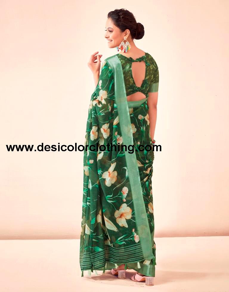 Dark Green Linen Printed Sarees