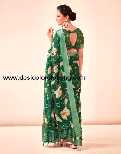 Dark Green Linen Printed Sarees