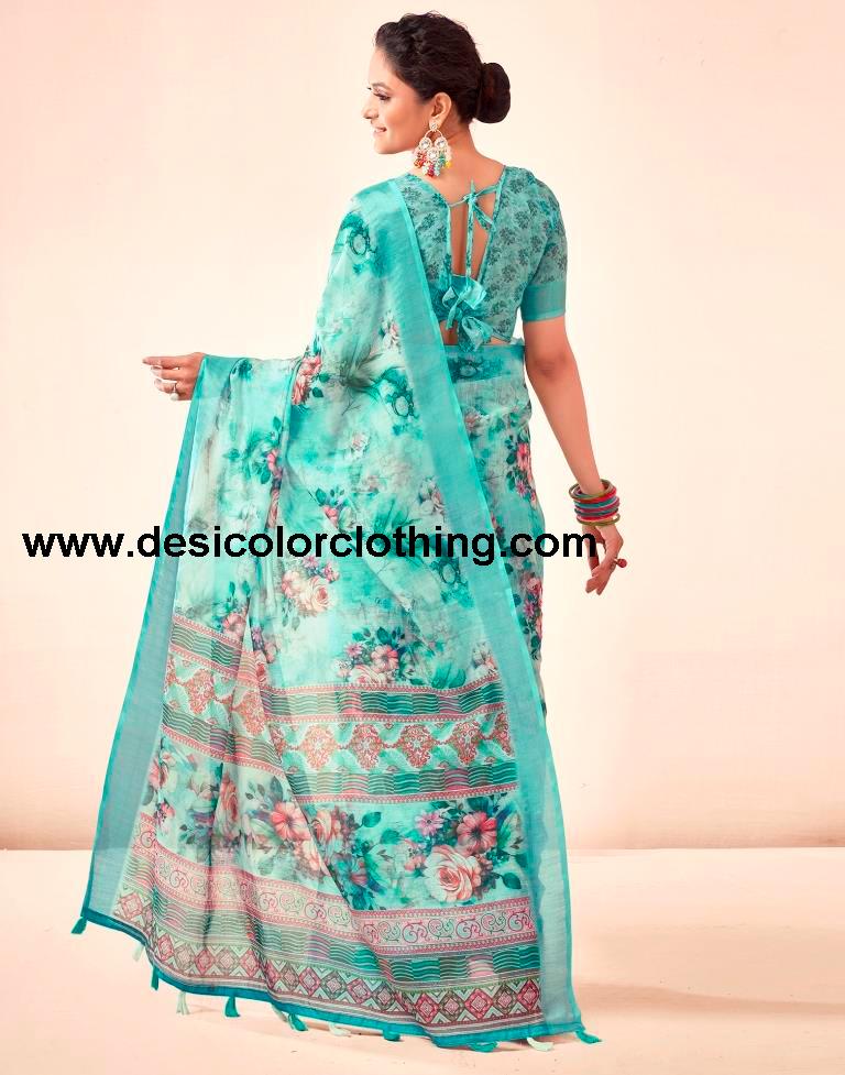 Blue Linen Printed Sarees