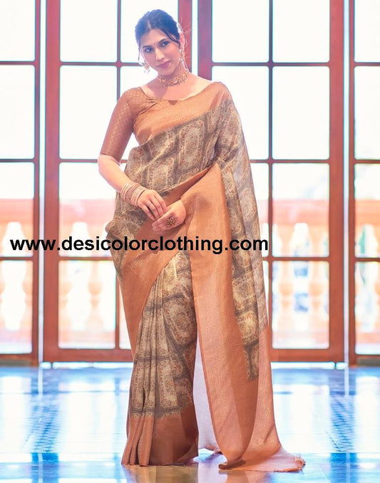 Beige Silk Printed Saree