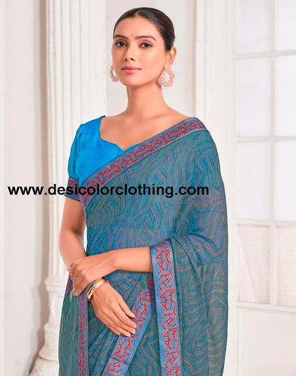 Dusty Blue Chiffon Printed Saree