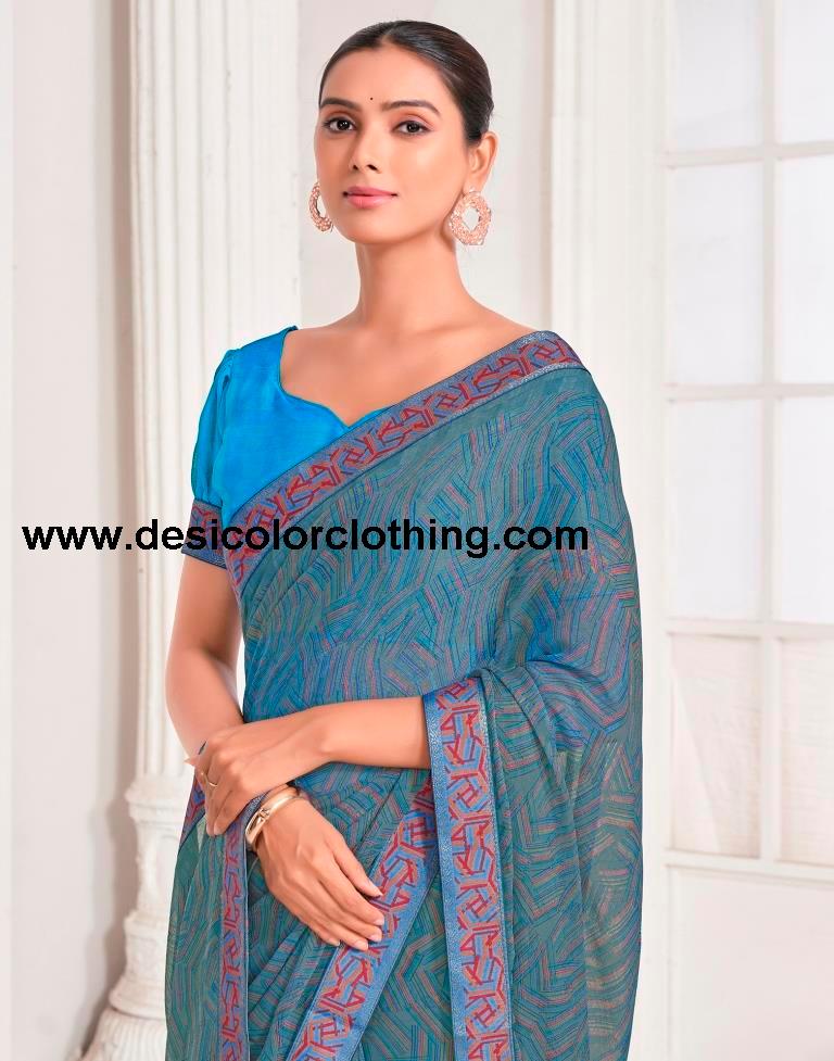 Dusty Blue Chiffon Printed Saree