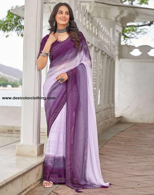 Purple Swarovski Georgette Stone Work Saree