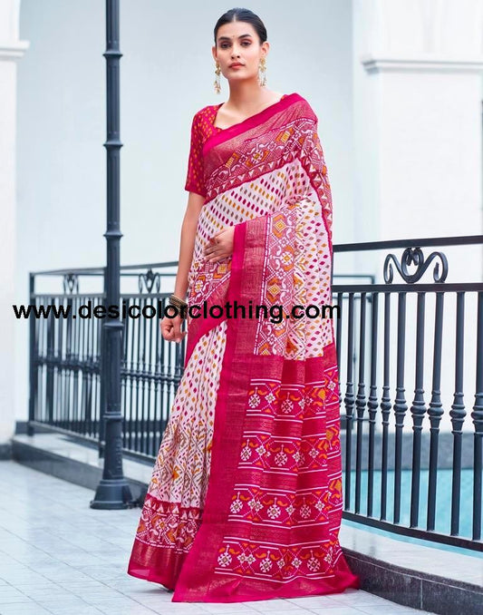 Pink Cotton Printed Saree