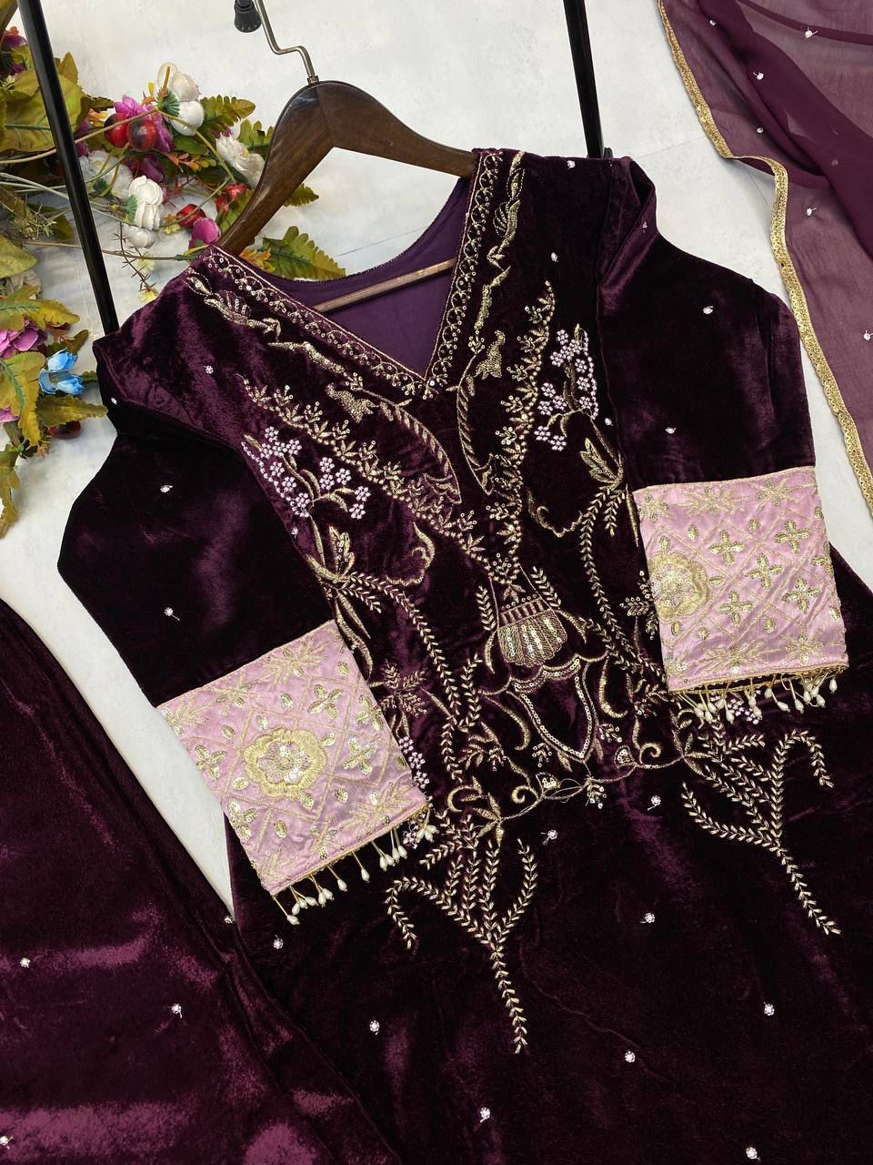 Product Image - Designer Velvet Sequence Embroidery Suit with Dupatta