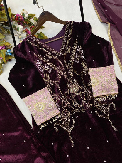 Product Image - Designer Velvet Sequence Embroidery Suit with Dupatta