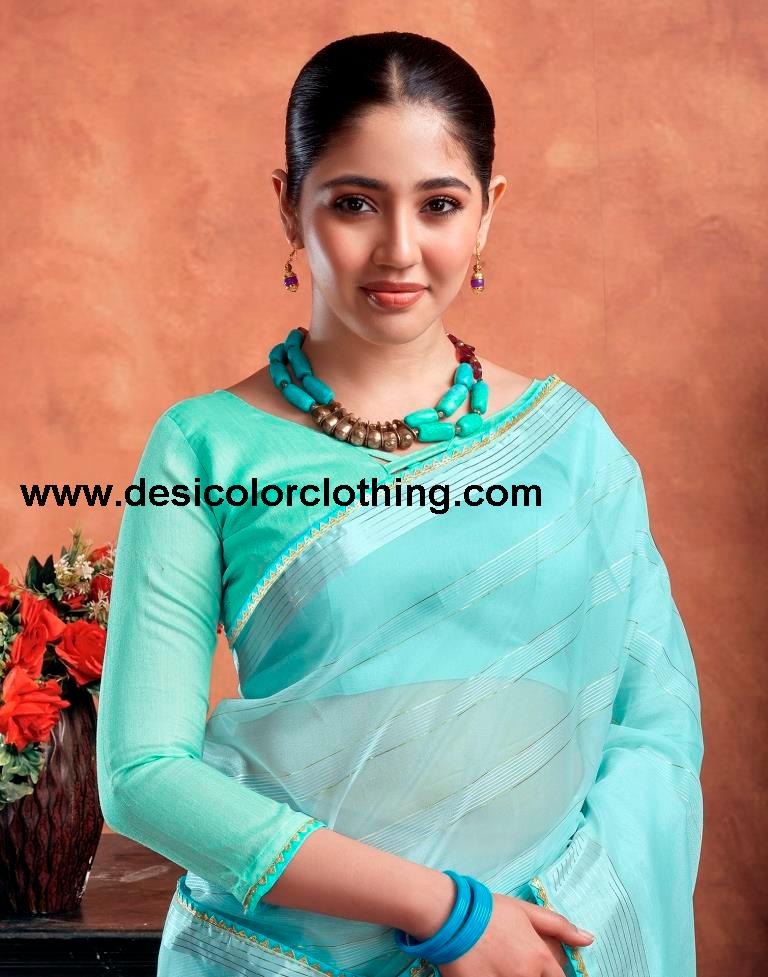 Sky Blue Orgenza Plain Saree
