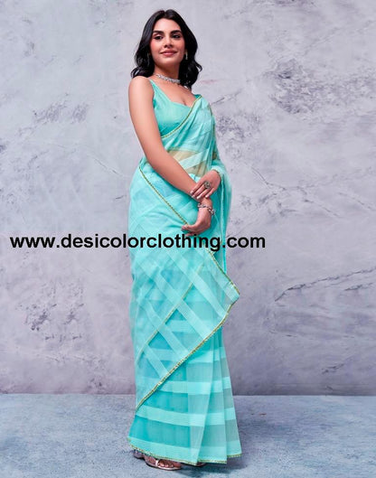 Turquoise Orgenza Plain Saree