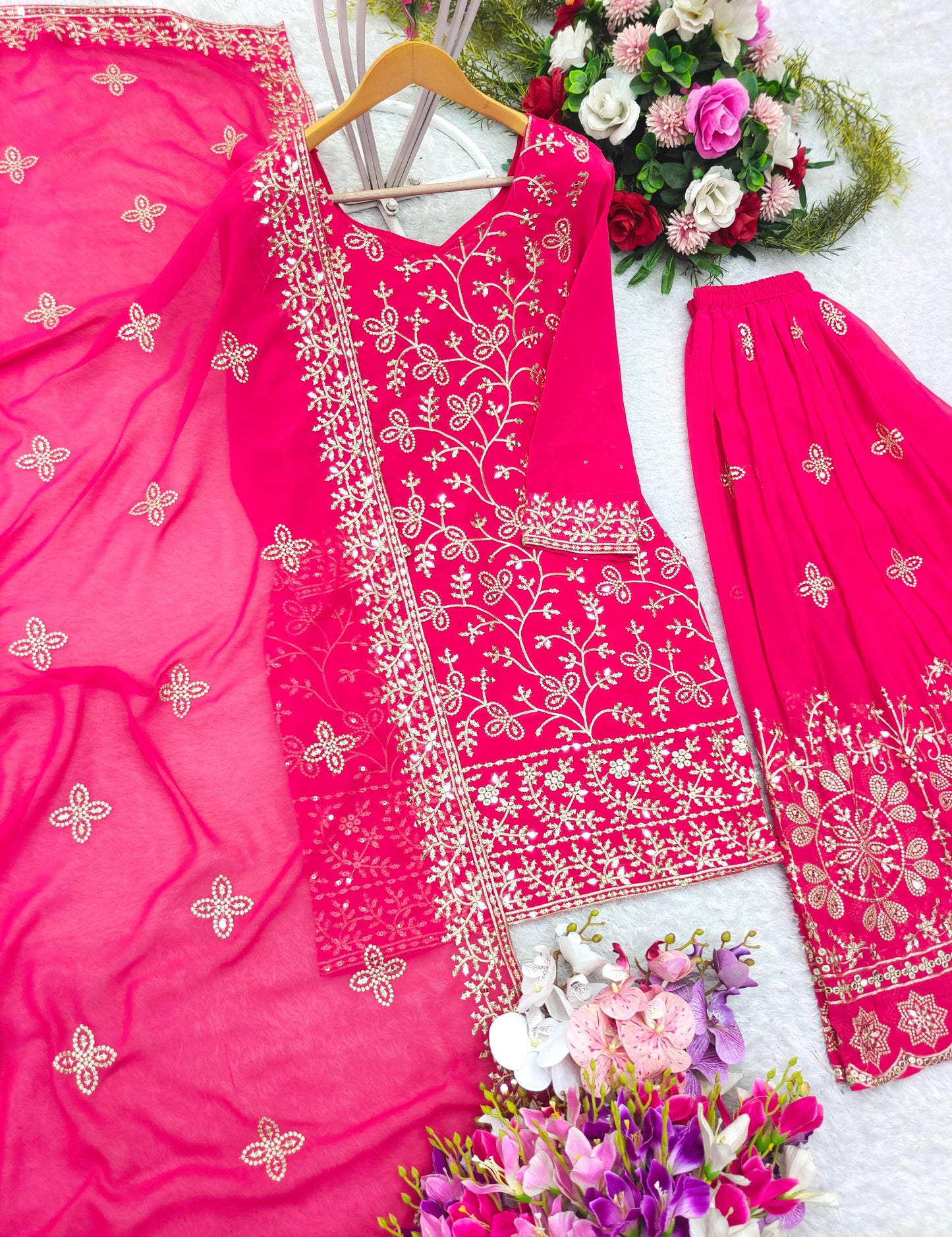 Product Image - Exquisite Pure Georgette Top-Plazzo With Dupatta Set - Ready to Wear