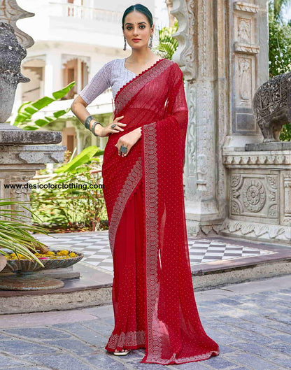 Red Swarovski Georgette Stone Work Saree