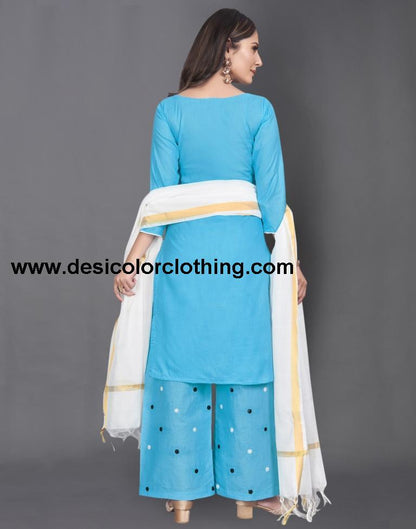 Blue Cotton Embroidered Unstitched Salwar Suit