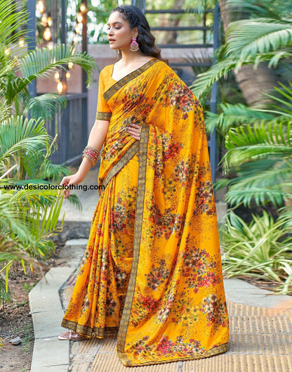 Turmeric Yellow Printed Silk Saree