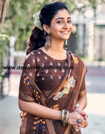 Dark Brown Cotton Printed Saree