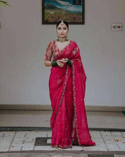 Product Image - Designer Organza Khadi Silk Saree with Embellished Blouse