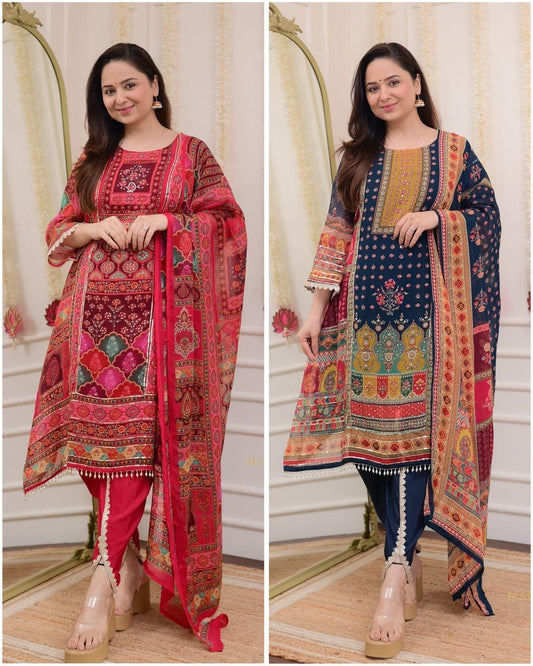 Product Image - Premium Chinnon Suit Set with Hand Embroidery and Digital Print Dupatta