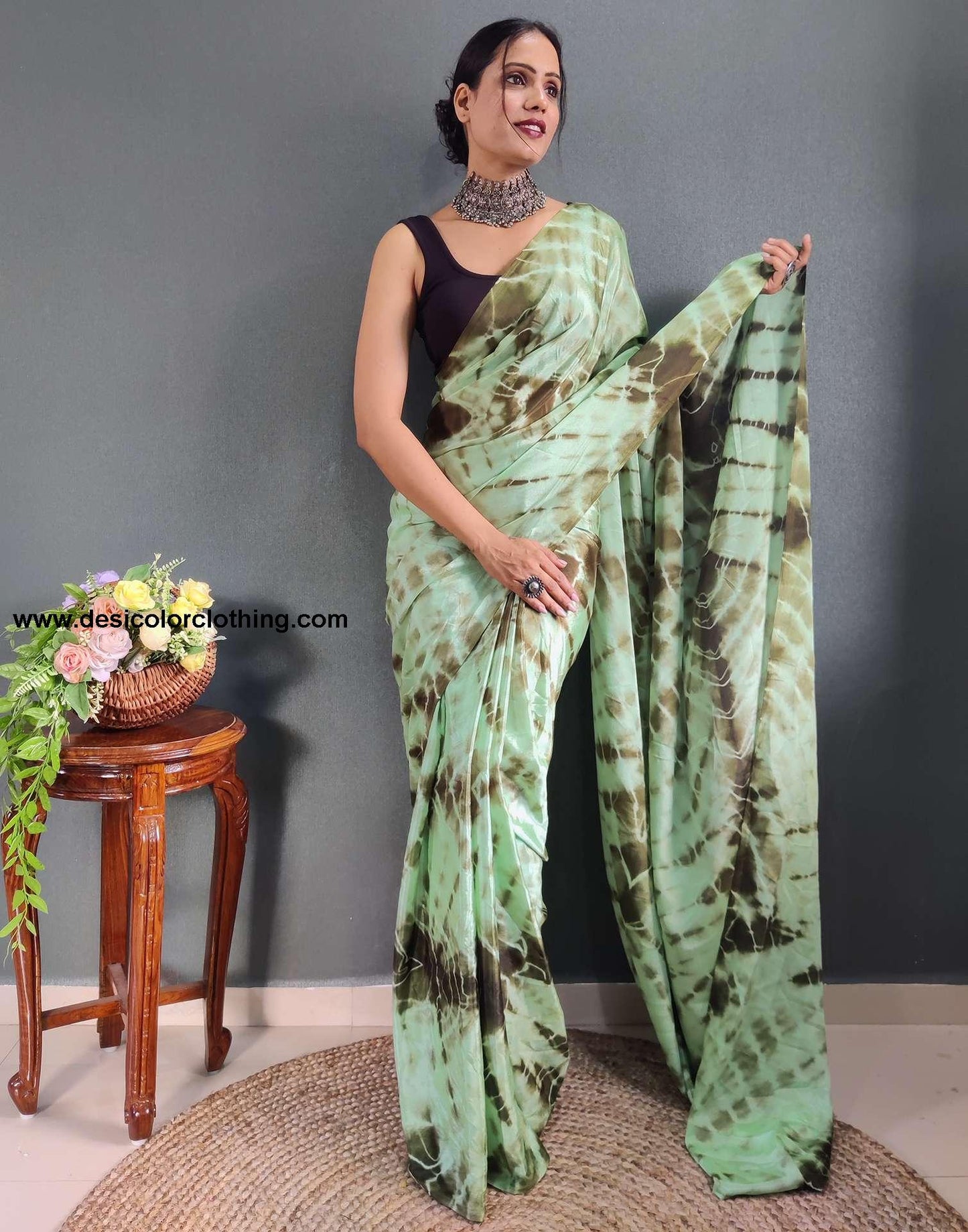 Sea Green Printed Silk Pre-draped Saree