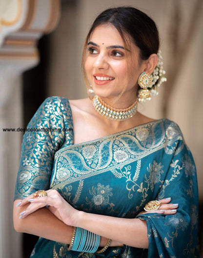 Graceful Blue Art Silk Saree with Plain Weaving Design