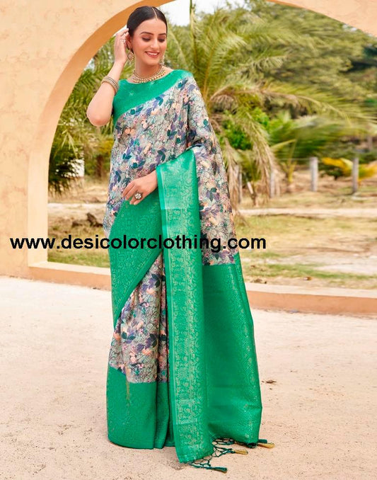 Teal Green Silk Printed Ready To Wear