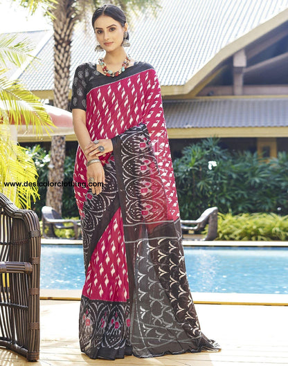 Pink Printed Cotton Pre-Draped Saree
