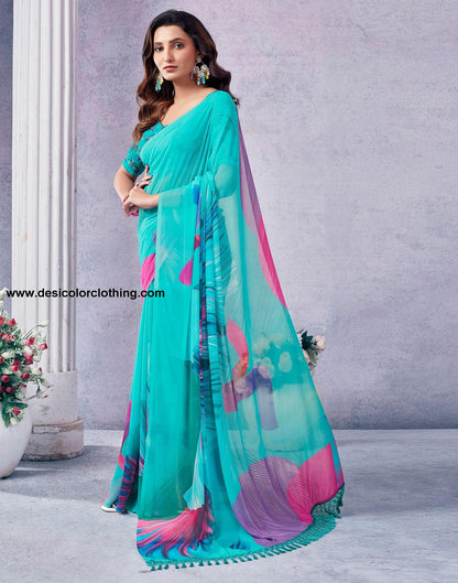 Turquoise Georgette Printed Saree