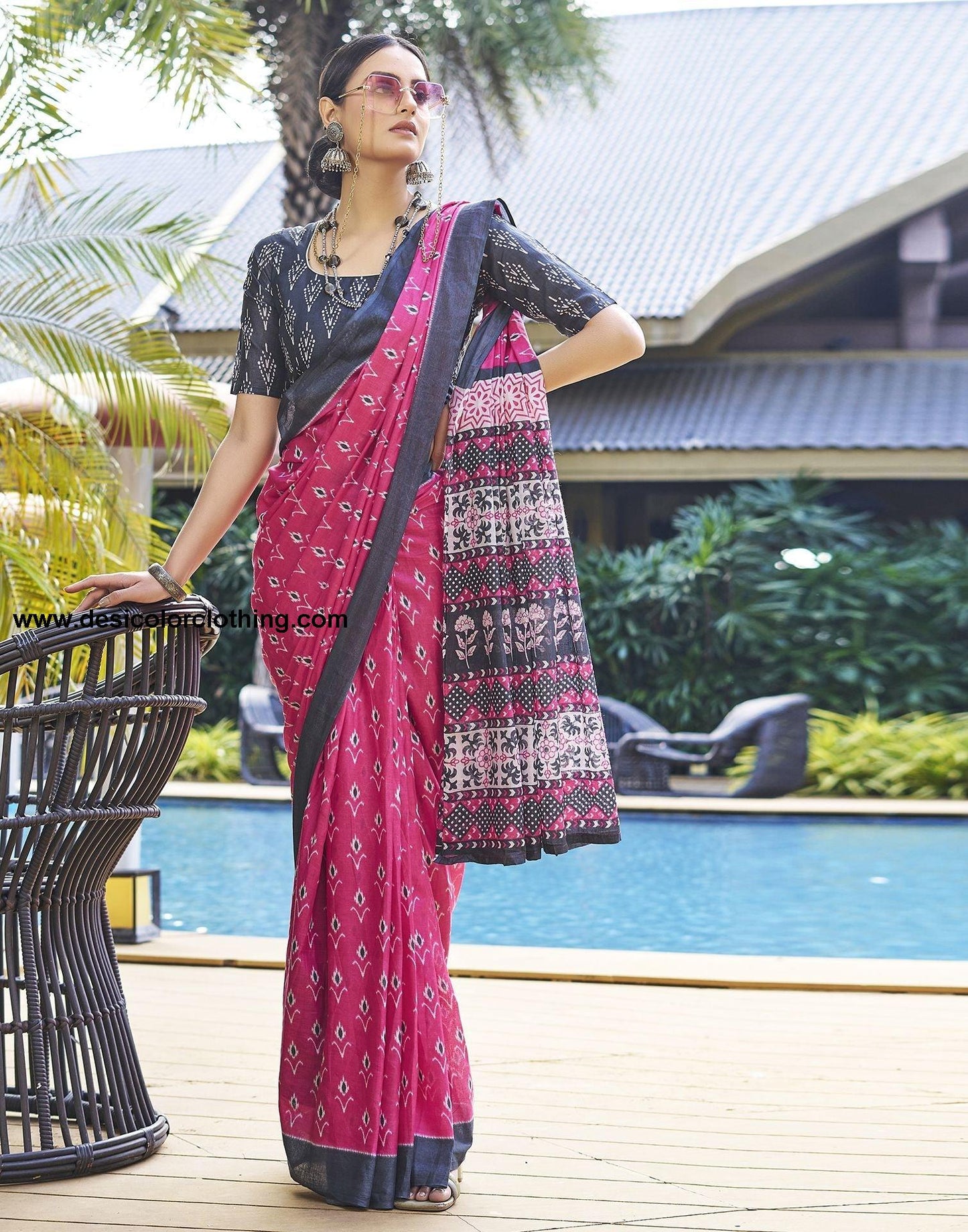 Pink Printed Cotton Pre-draped Saree