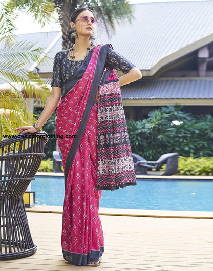 Pink Printed Cotton Pre-draped Saree