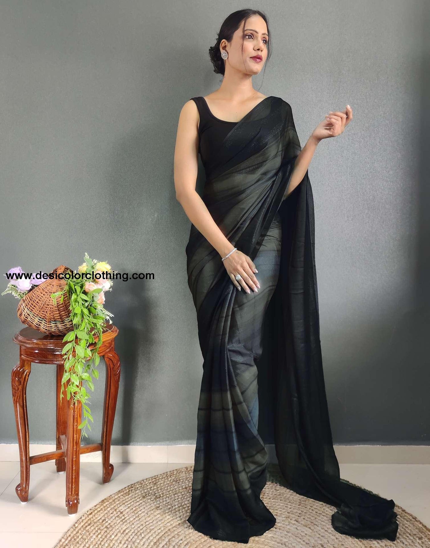 Baige Printed Georgette Pre-draped Saree