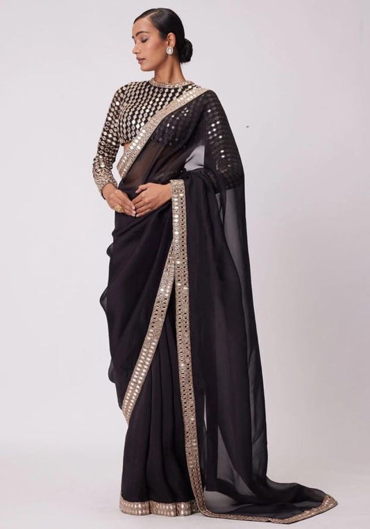 Product Image - Elegant Black Party Wear Saree with Heavy Work Blouse - 1